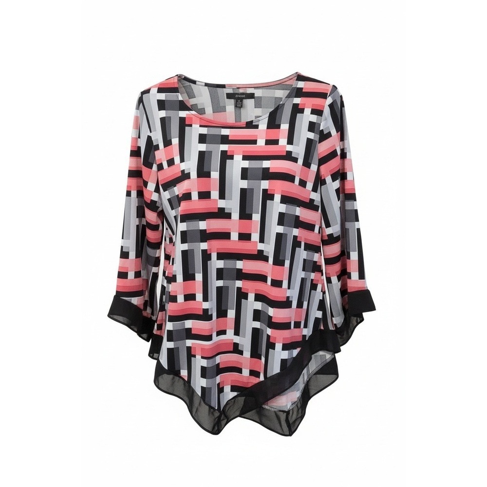 Alfani Geometric Handkerchief Hem Tunic Top Pink Black Large Bell‎ Sleeve L